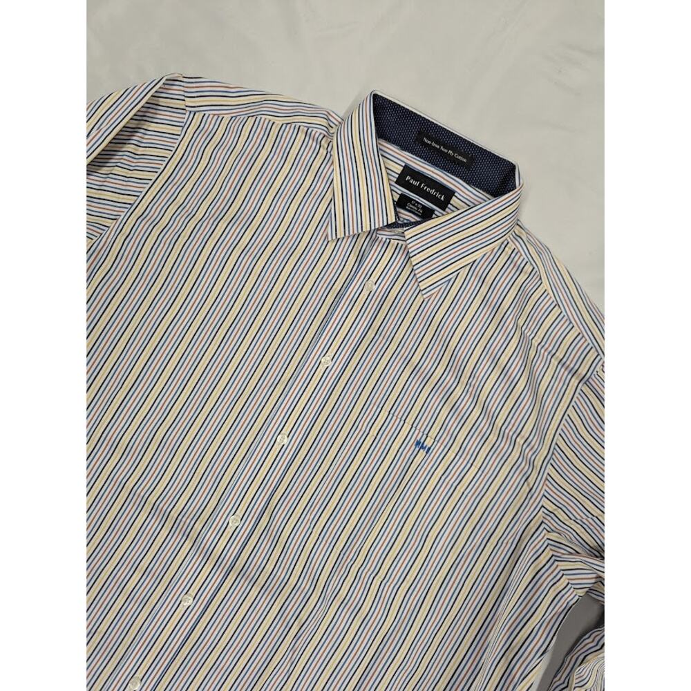 Paul Fredrick Shirt Mens 17x32 Yellow Blue Brown Stripe Cotton Classic Fit